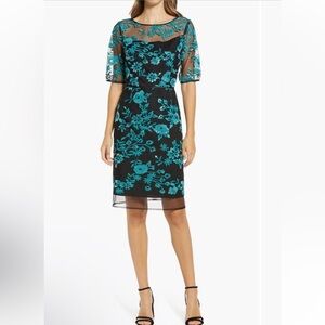 Shani Sequin Embroidered Floral Sheath Black Teal Cocktail Dress Size 6